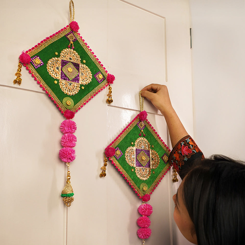 Embellished Green Door Hanging - Set of 2