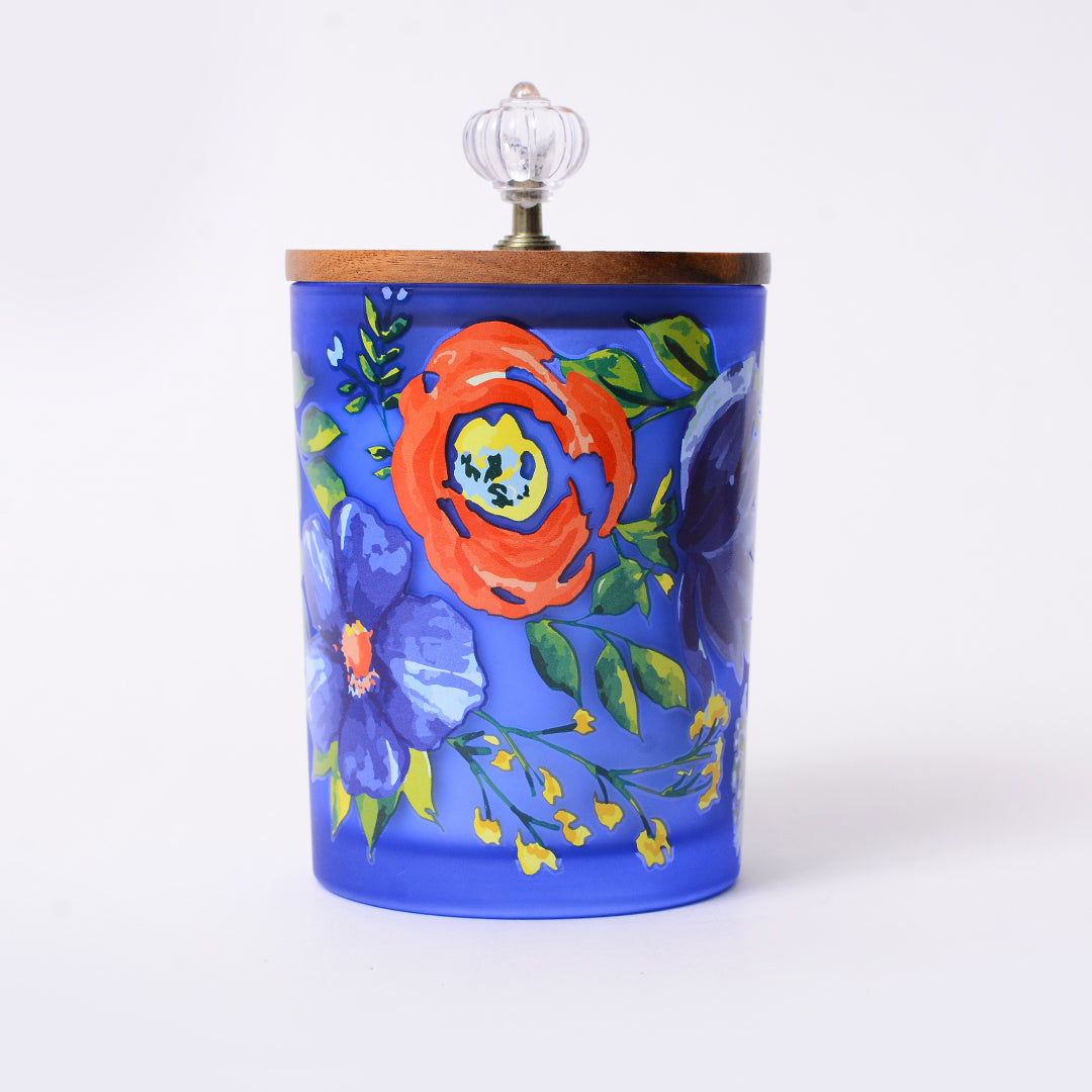 Tangerine & Cilantro Scented Jar Candle | Frosted Jar Candle for Aromatic Home Decoration | Flower Printed Glass Candle Jar