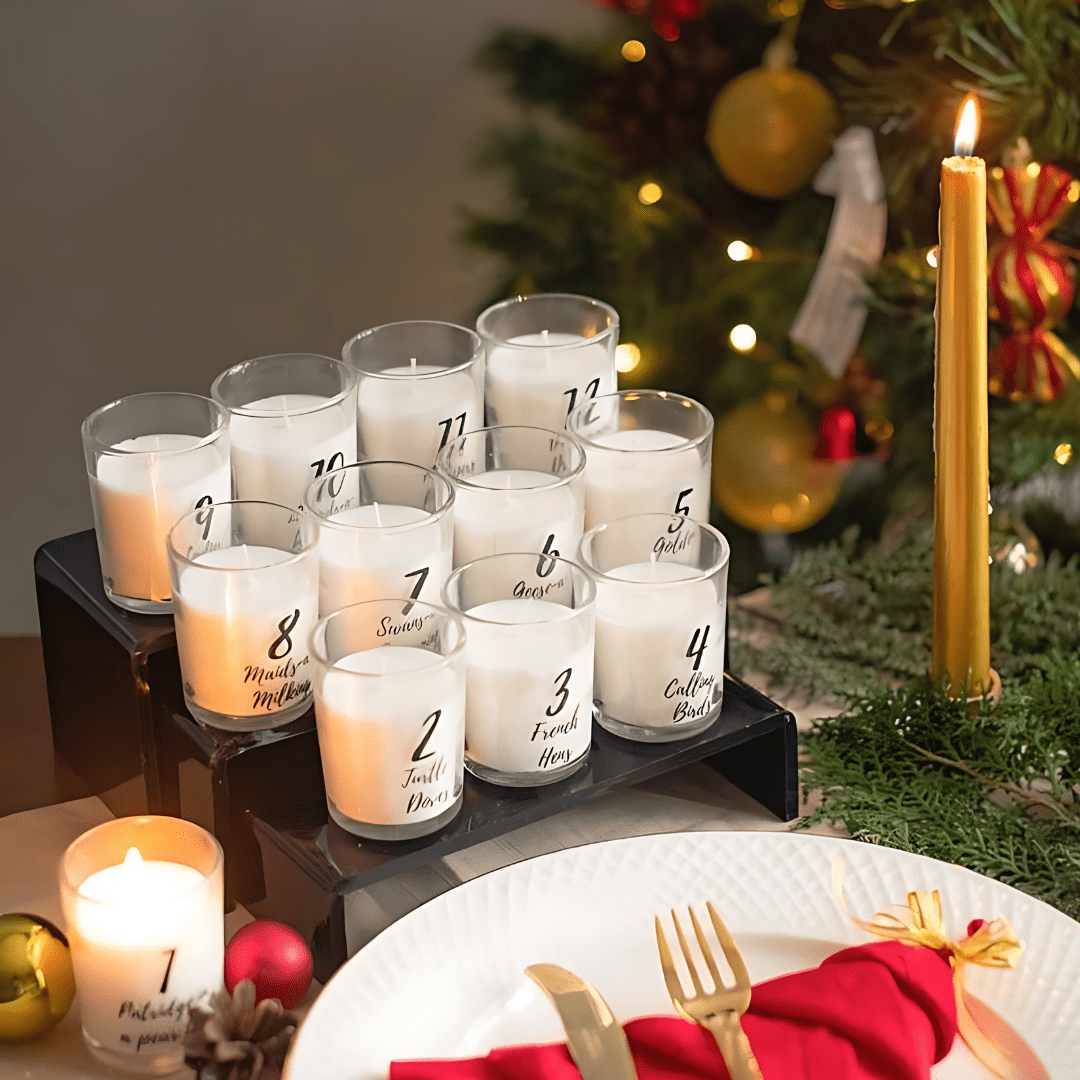 12 Days of X-mas Shot Glasses Candle | Votive Candle for Christmas Decoration | White Wax Scented Candle Set of 12