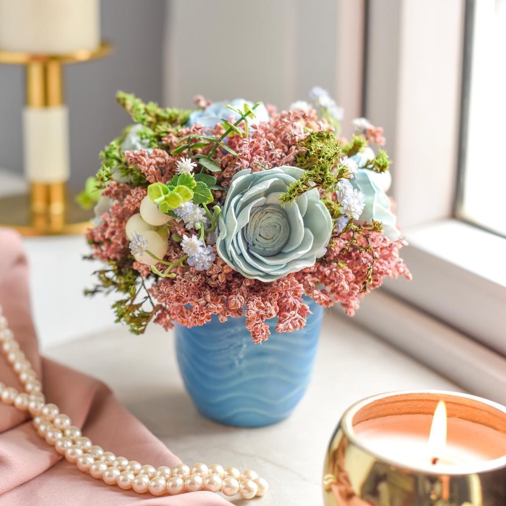 Blue Paradise Table Decor | Dried Flower Arrangments in Blue Ceramic Pot for Home Decor