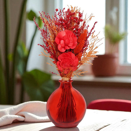 Crimson Blossom Round Vase with Flowers