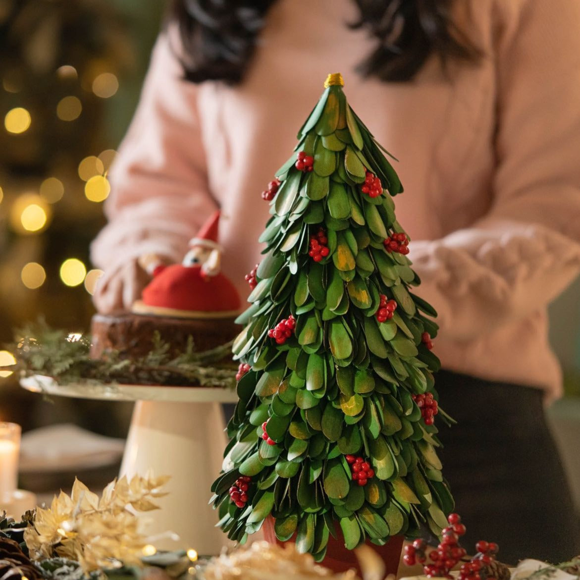 Green Christmas Tree Table Decor | Handmade Christmas Tree with Red Berries for Holiday Decor