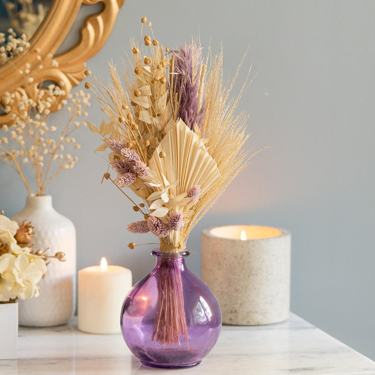 Lilac Beauty Botanical Pot Table Decor | Dried Flower Bunches with Purple Glass Pot for Home Decor