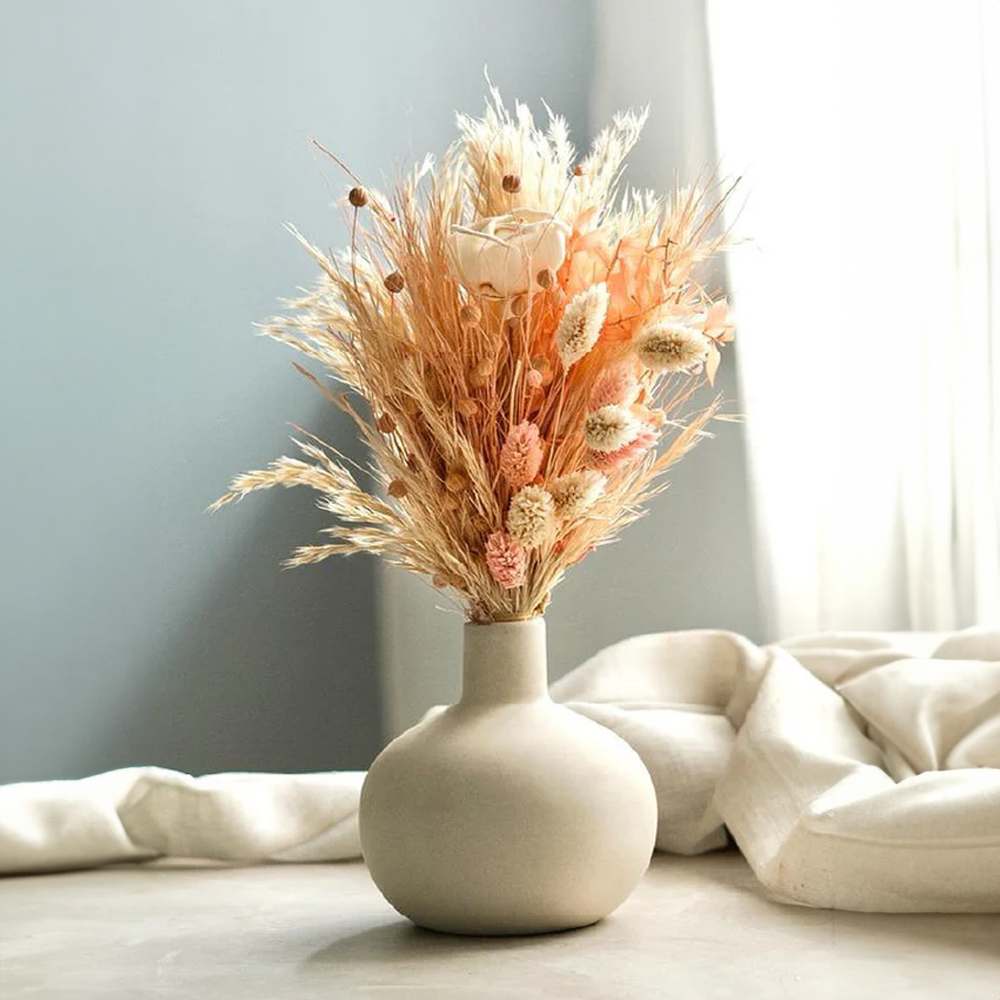 Peachy Dream Botanical Pot Table Decor | Floral Bunches in White Ceramic Pot