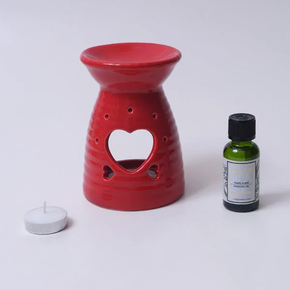 White Heart Aromatherapy Set | Fragrance Oil Candle Diffuser Set | Red Heart Ceramic Burner Candle Diffuser Set