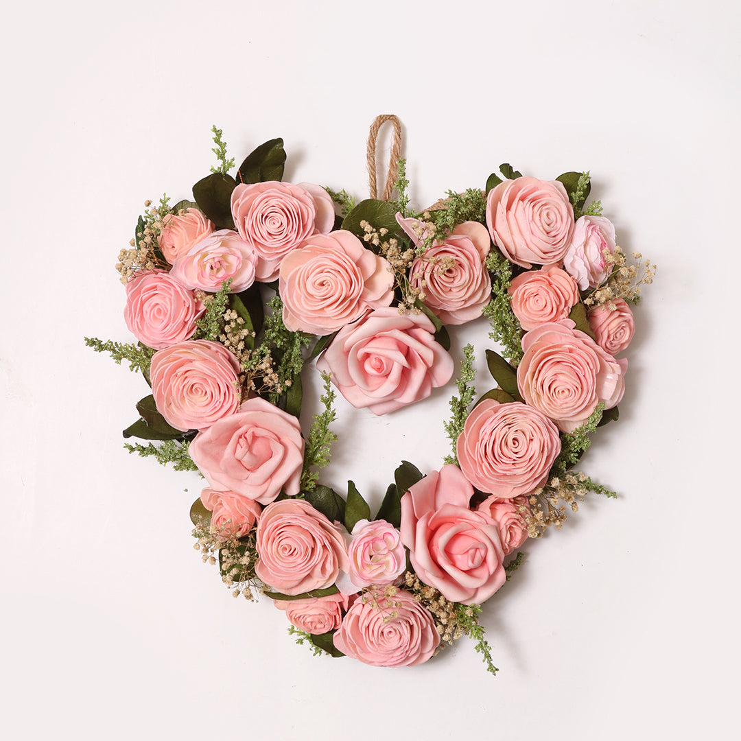 Rose Medley Heart Wreath | Dried Flower Wreath for Wall Decor | Pink Shola Roses Wreath Heart Shape