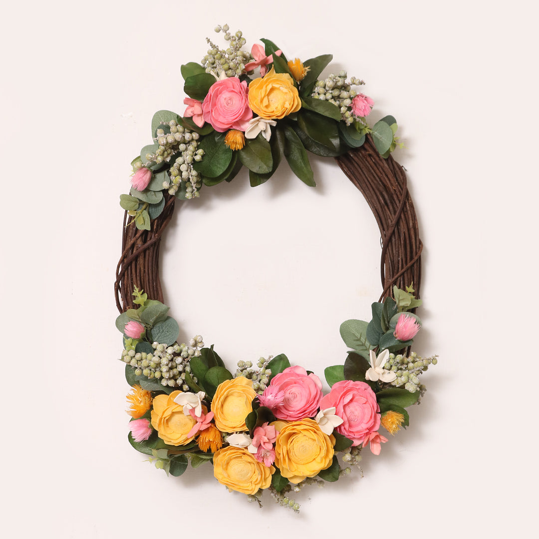 Sunshine Wreath | Dried Flower Oval Wreath for Home & Wall Decor | Pink & Yellow Shola Flower Wreath